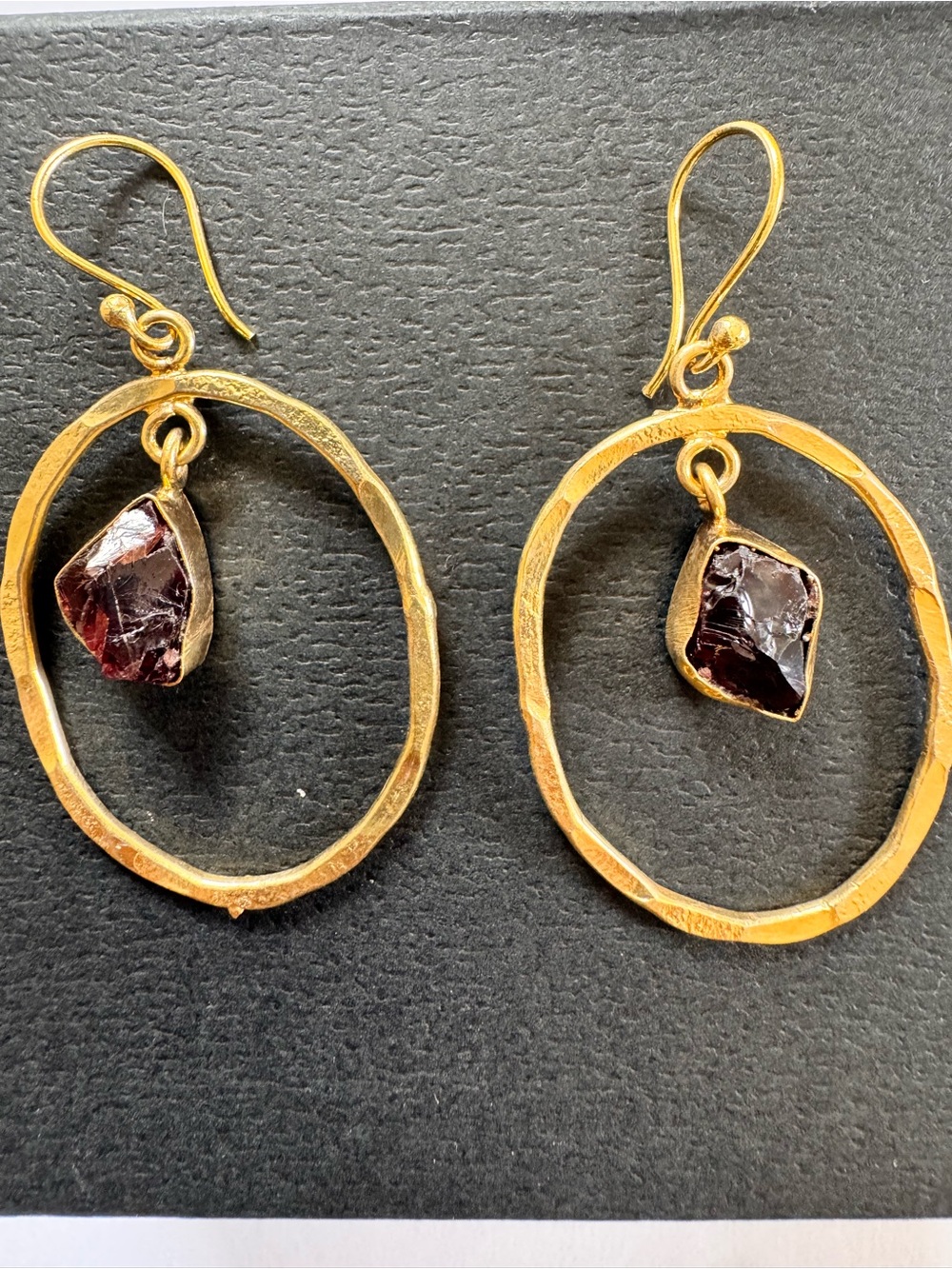 Gold Hoop Earrings with Deep Garnet Stone Drop